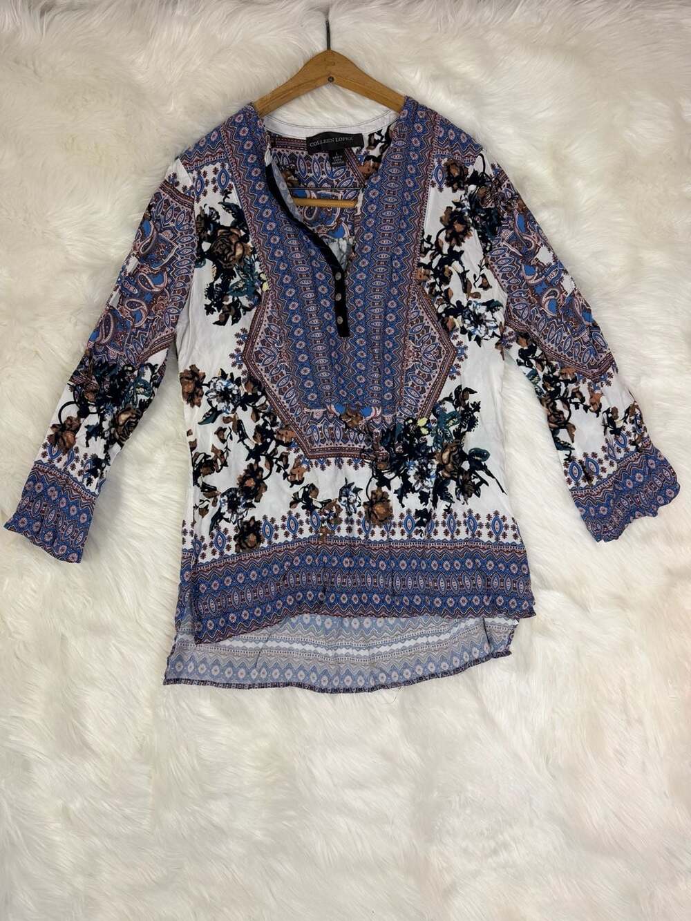 Colleen Lopez Peasant Top Size L Blue Floral Boho Velvet Trim